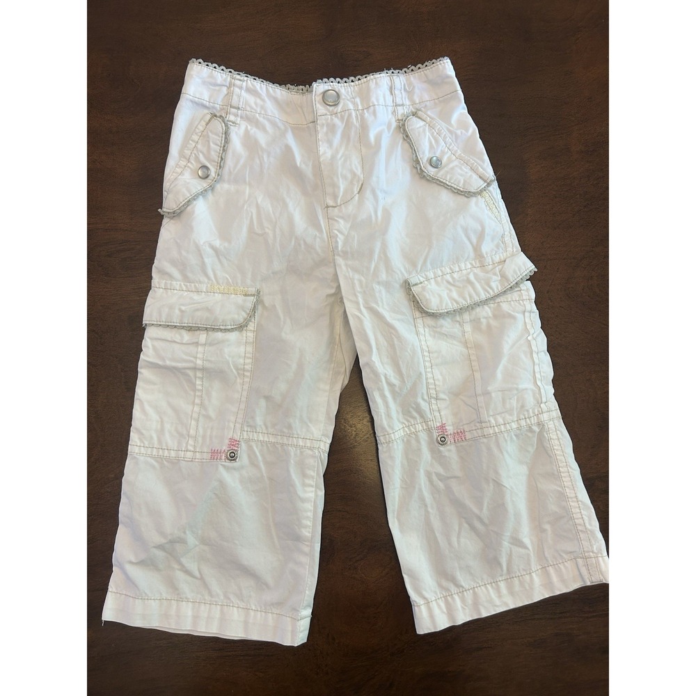 VNTG Faded Glory Lightweight Cargo Pants Girls Size 5 White Cream 100% Cotton